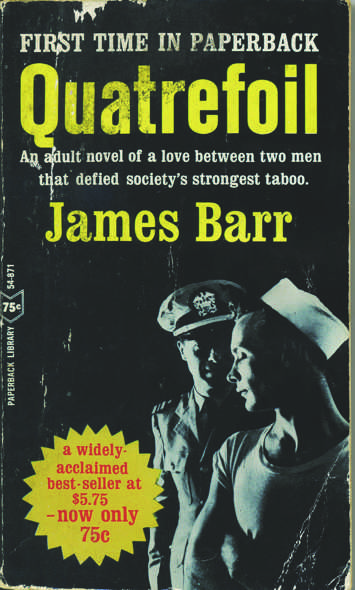 Cover of the novel Quatrefoil, by James Barr. It shows two men dressed as sailors in a black-and-white photo.