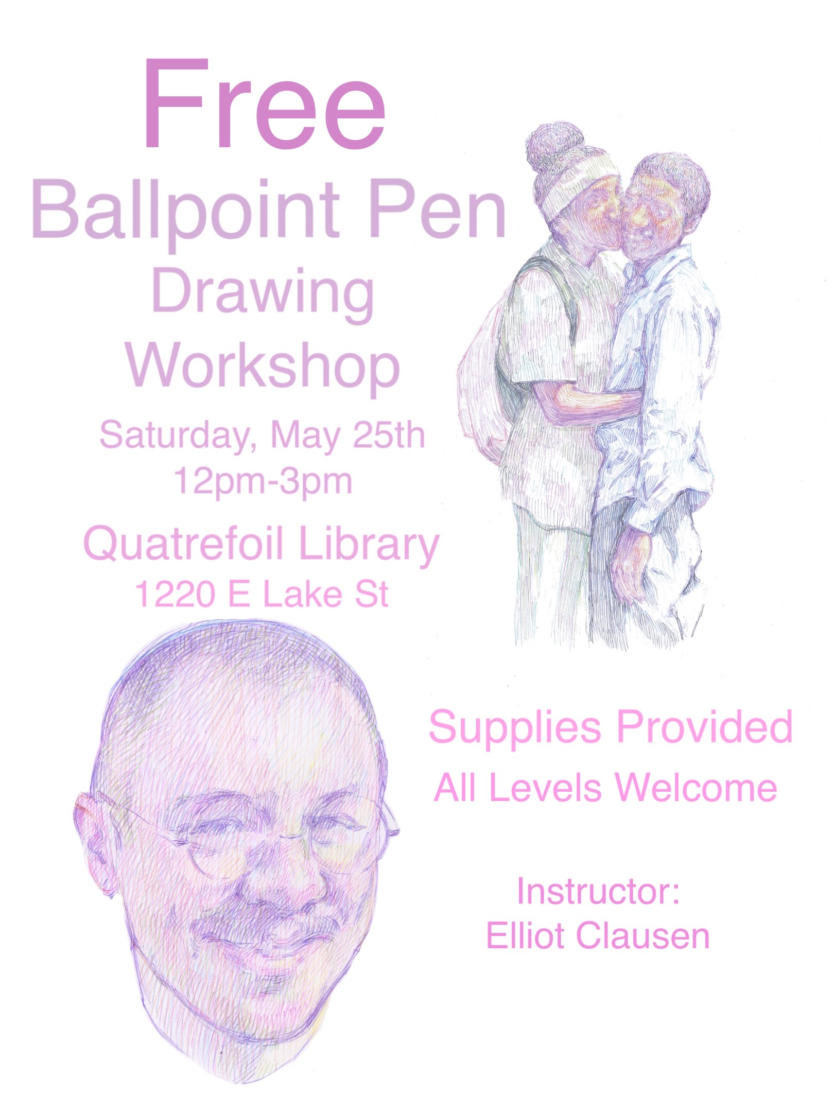 Flyer with event information and two ballpoint drawings of a couple and a portrait of the event host