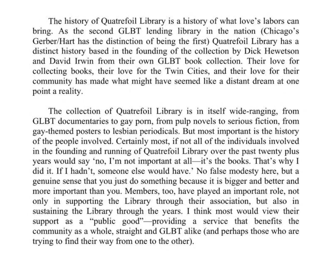 excerpt from the history of the Quatrefoil Library by Adam Keim